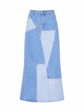 Nasty Gal Two-Tone Blue Patchwork Denim Maxi Skirt